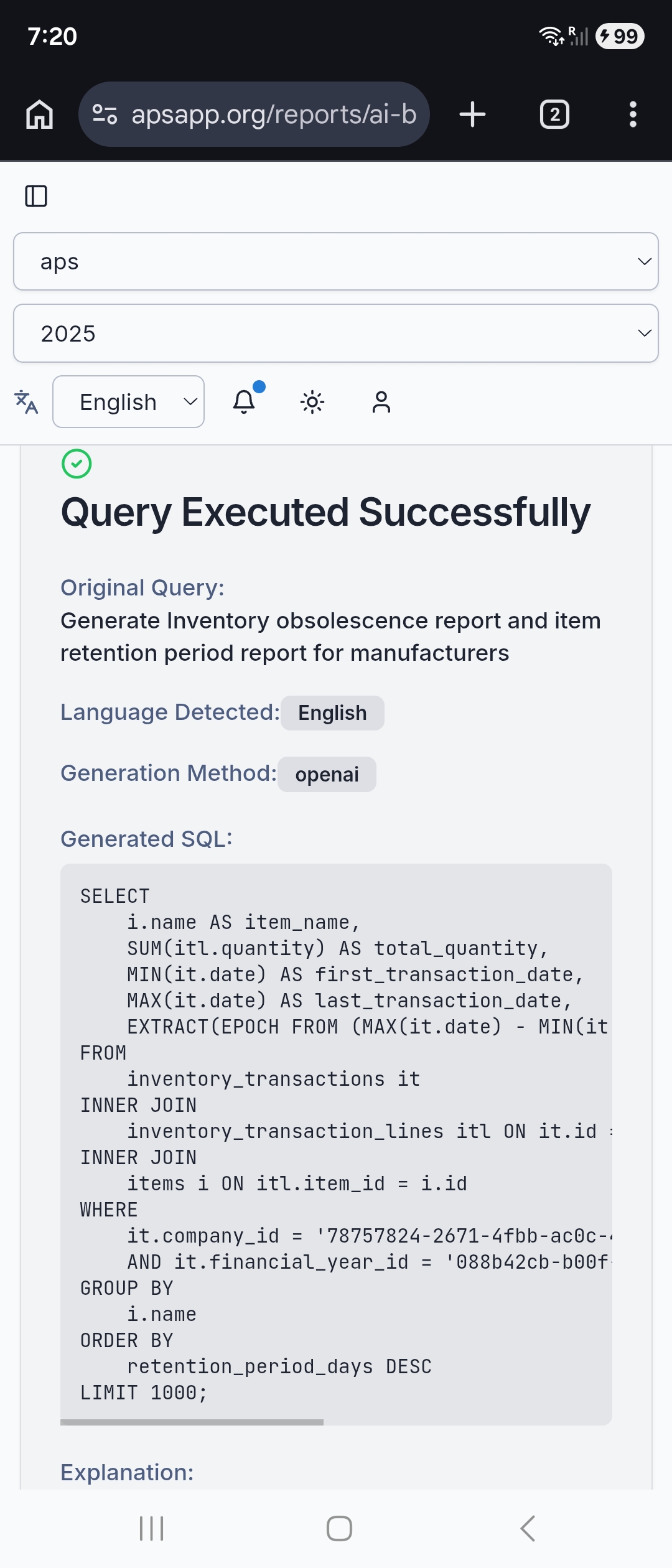 AI-generated SQL query for inventory obsolescence report