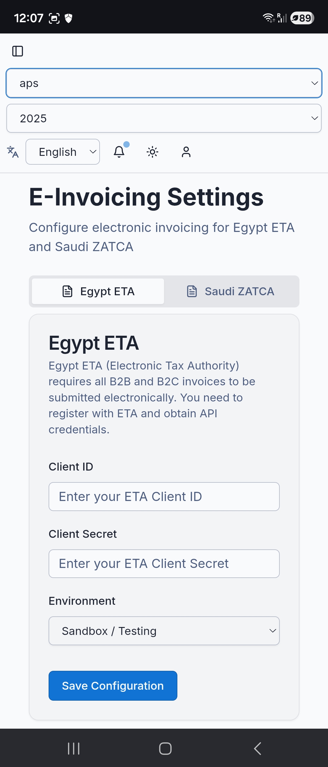 APS E-Invoicing Settings — Egypt ETA and Saudi ZATCA configuration screen