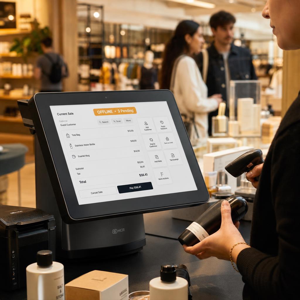 POS cashier screen showing offline mode badge