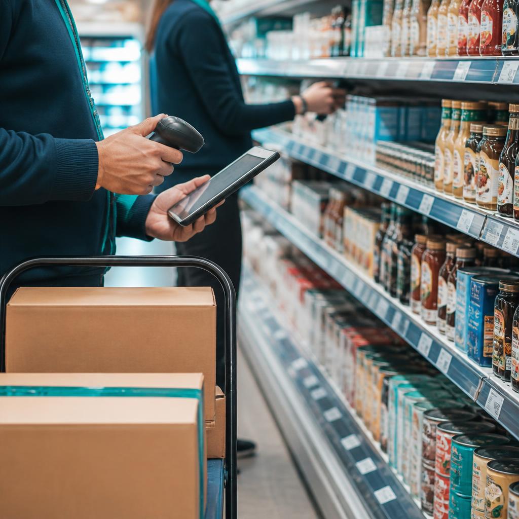 Illustrative supermarket stock-check scene with an employee scanning inventory